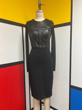 EUC Catherine Deane Sheer Sleeve Leather Bust Black Pencil Dress Size 2